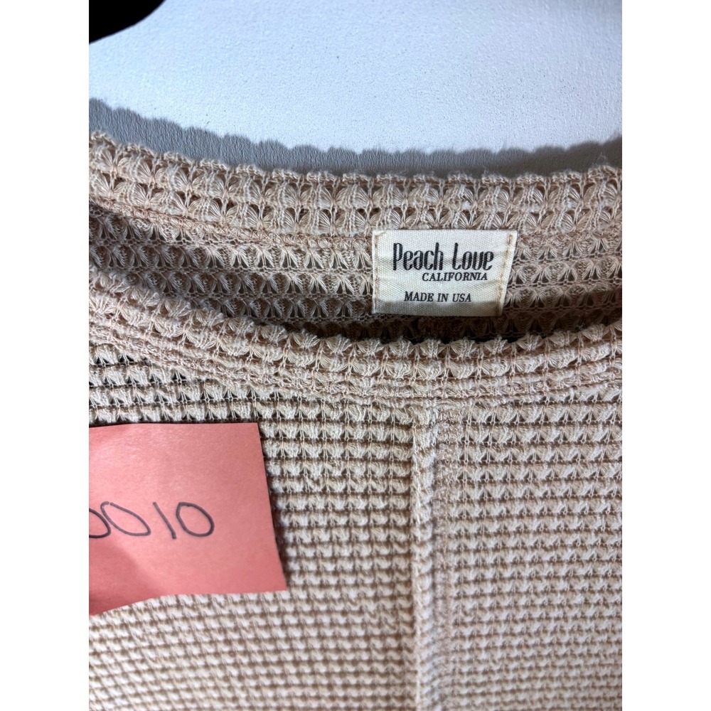 Peach Love California Waffle Knit Sweater Beige Tan Balloon Sleeve Cropped L - Picture 2 of 3